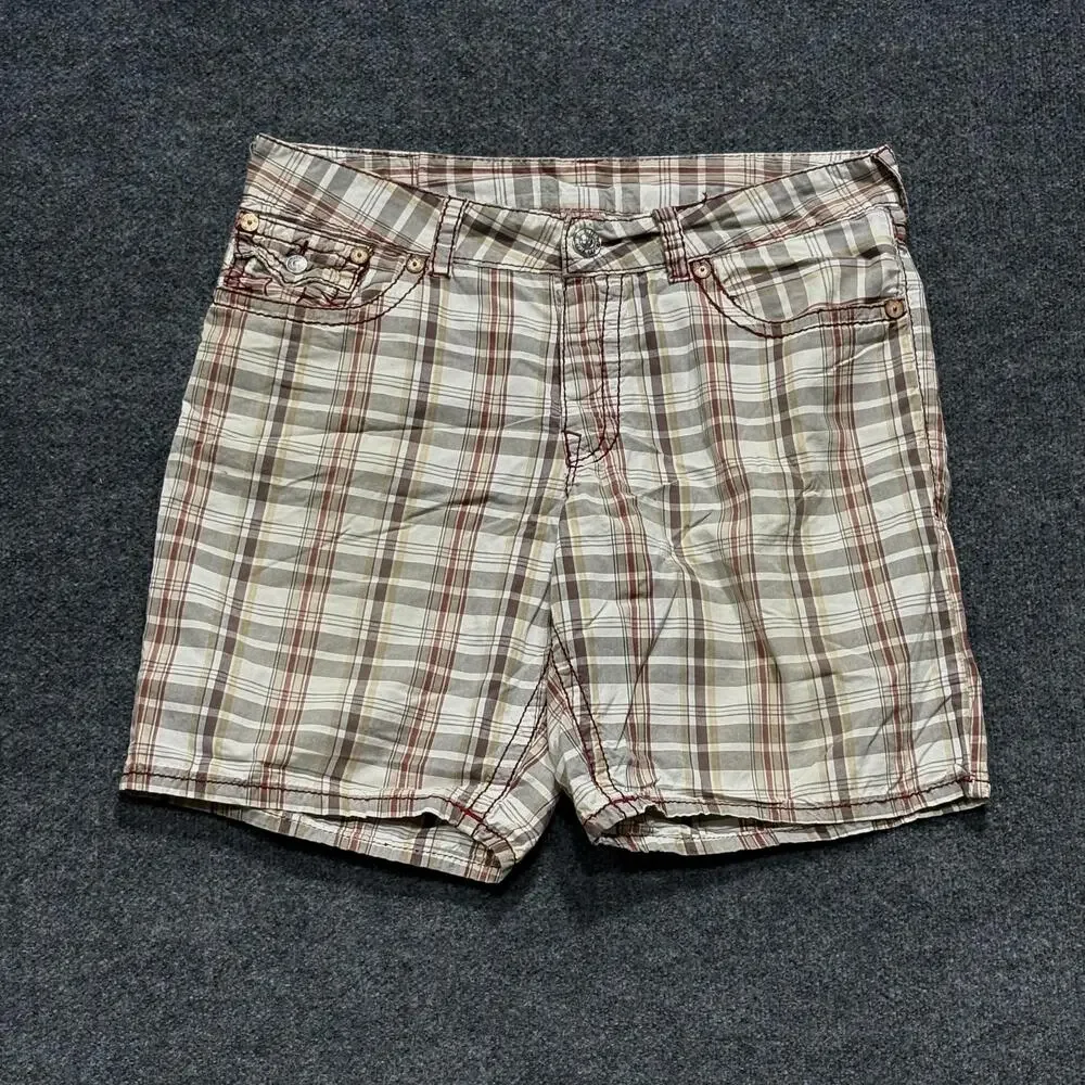 True Religion Swim Shorts Mens 40 Beige Plaid Cotton Twill Swimwear Pockets